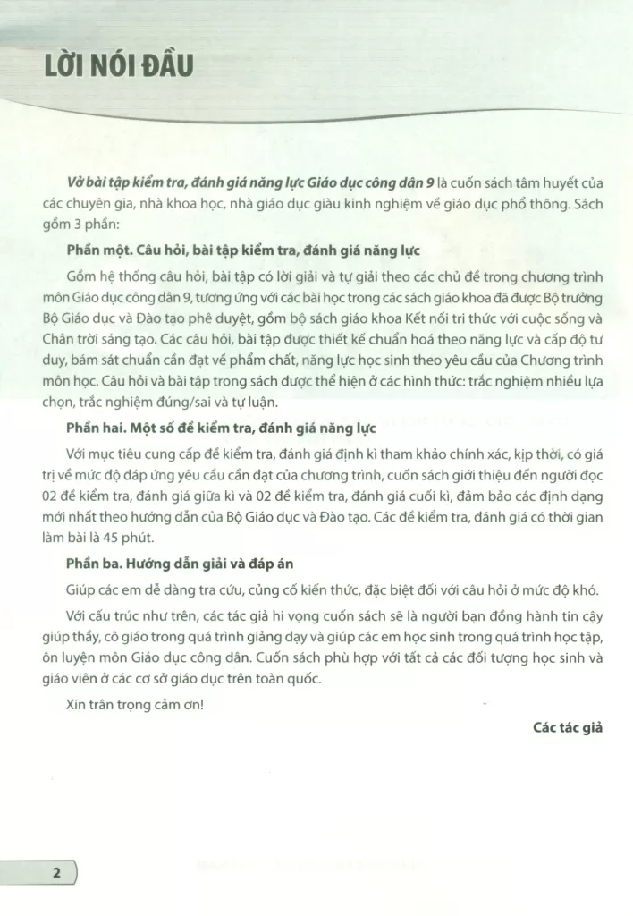 VỞ BÀI TẬP KIỂM TRA, ĐÁNH GIÁ NĂNG LỰC GIÁO DỤC CÔNG DÂN LỚP 9 (Sử dụng cho SGK Kết nối tri thức, Chân trời sáng tạo)